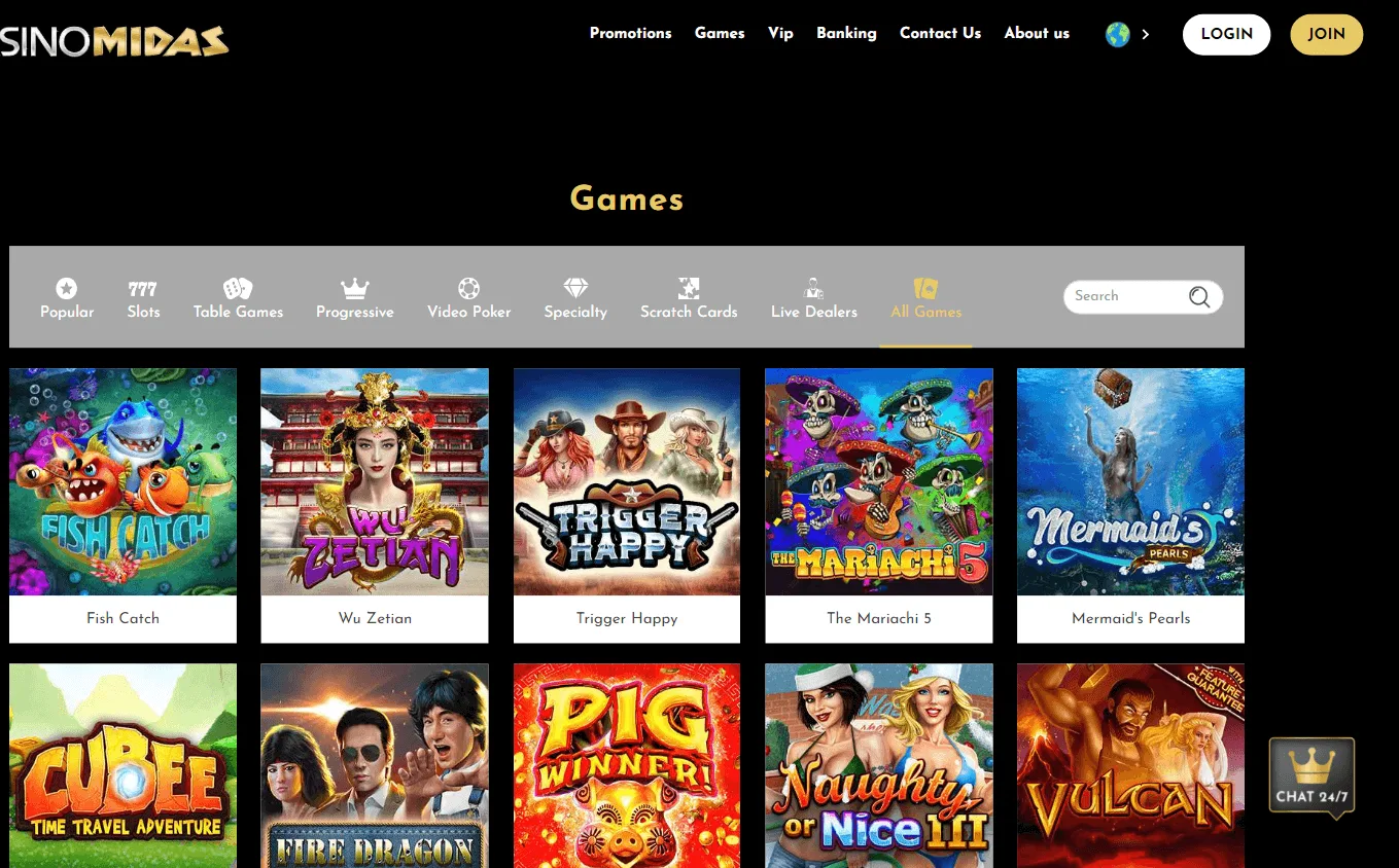 Midas Casino desktop games interface