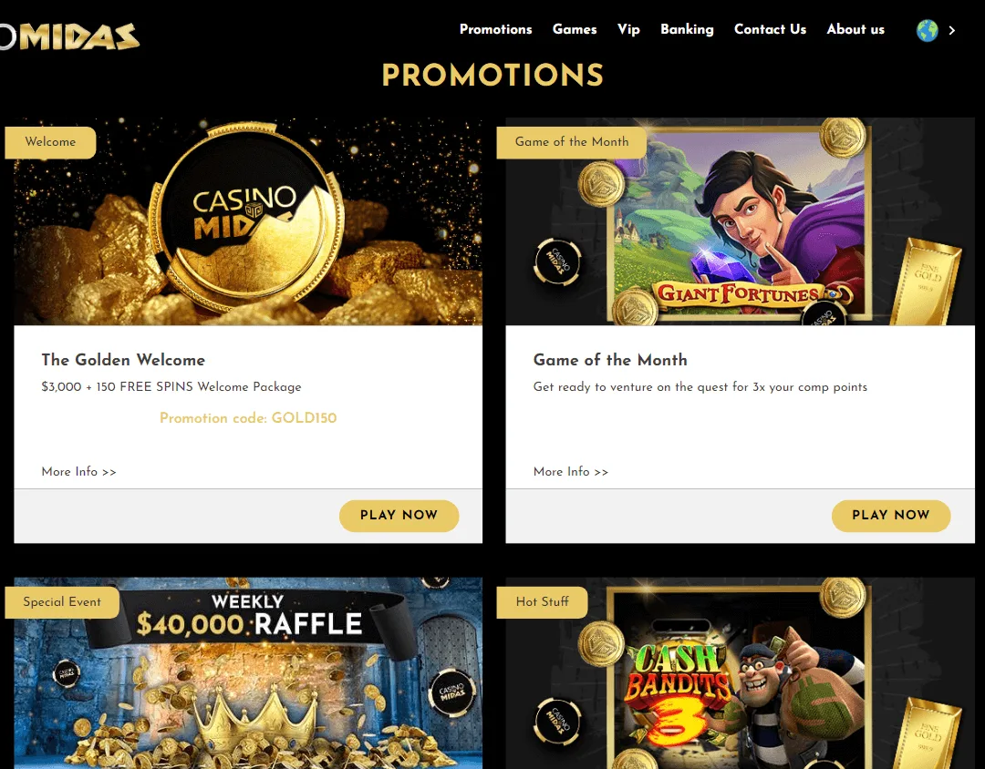 Midas Casino desktop promotions interface